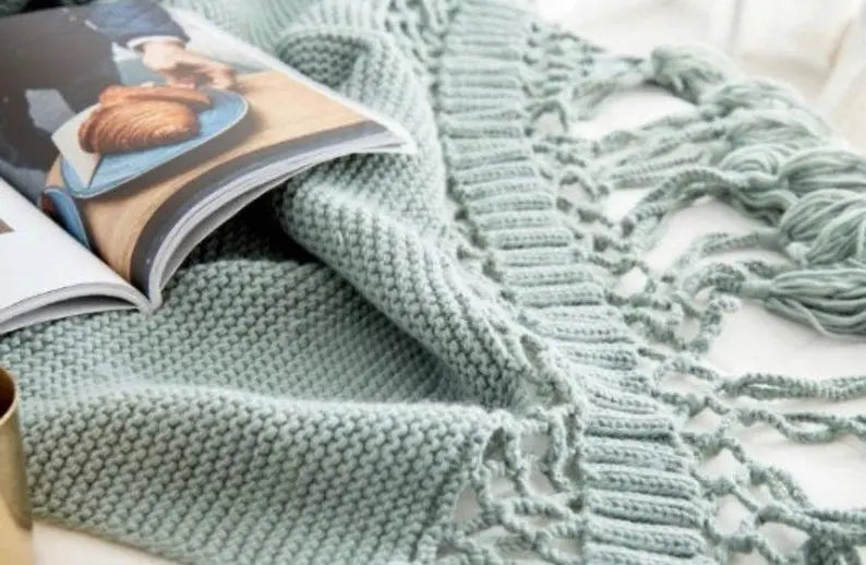 Knitted Tassel Throw Blanket Croft Home Decor