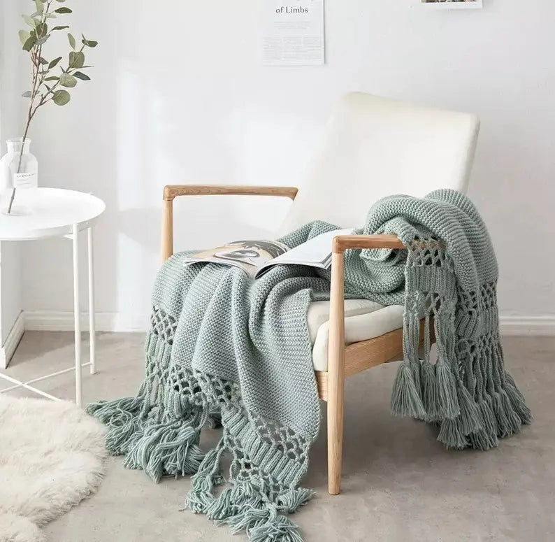 Knitted Tassel Throw Blanket Croft Home Decor