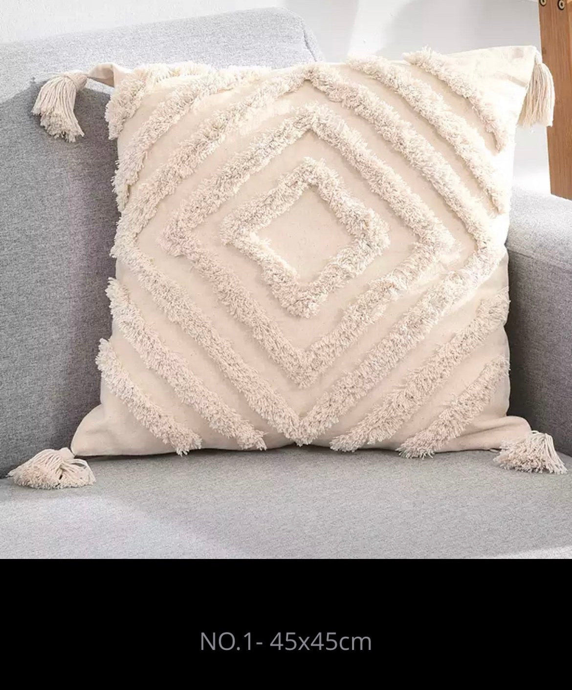 Luxury Tufted Macrame Tassel Cream Cushion Cover Croft Home Decor